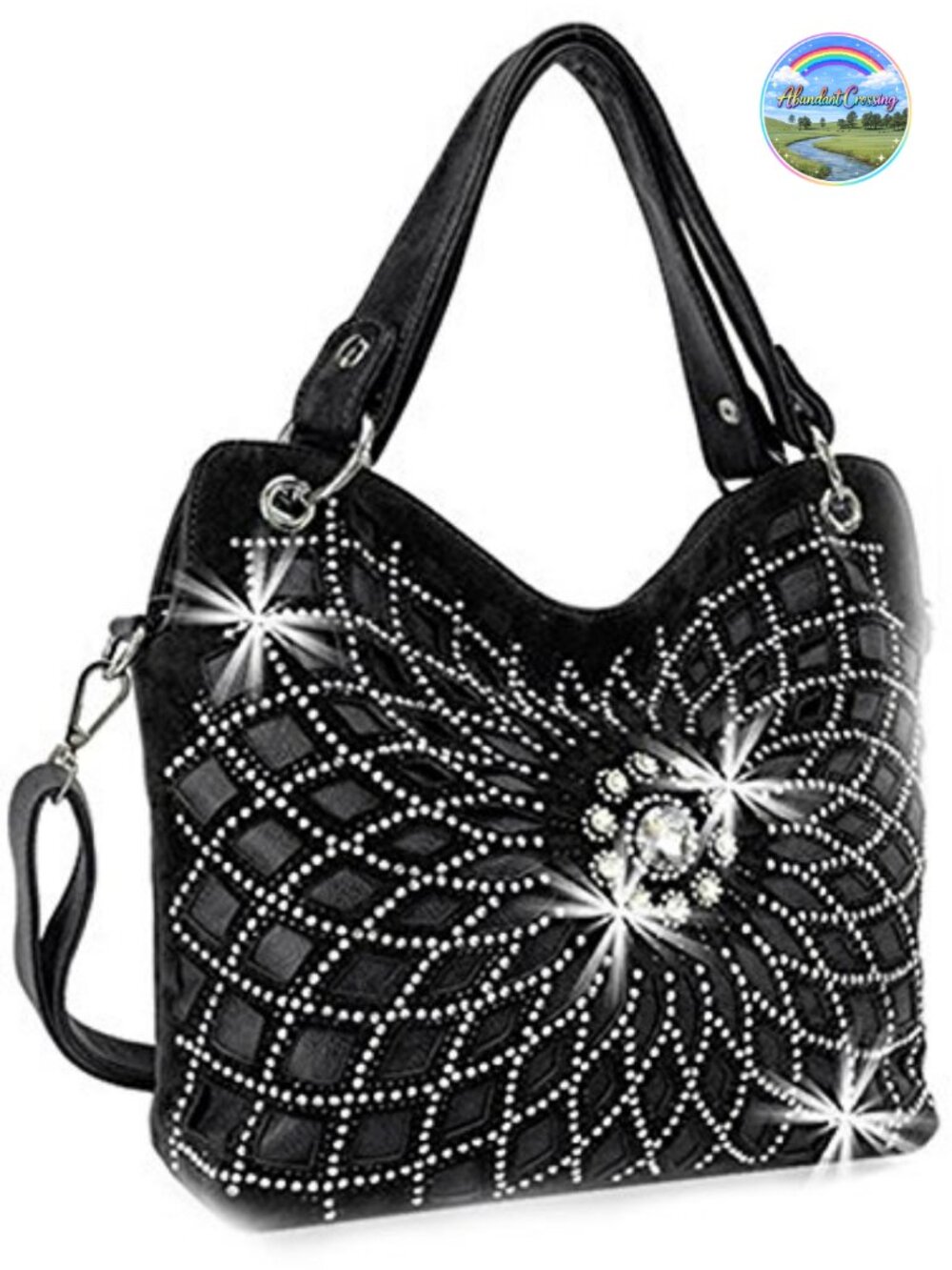 Large Rhinestone Embellished Faux Leather Hobo Handbag with Removable Handles